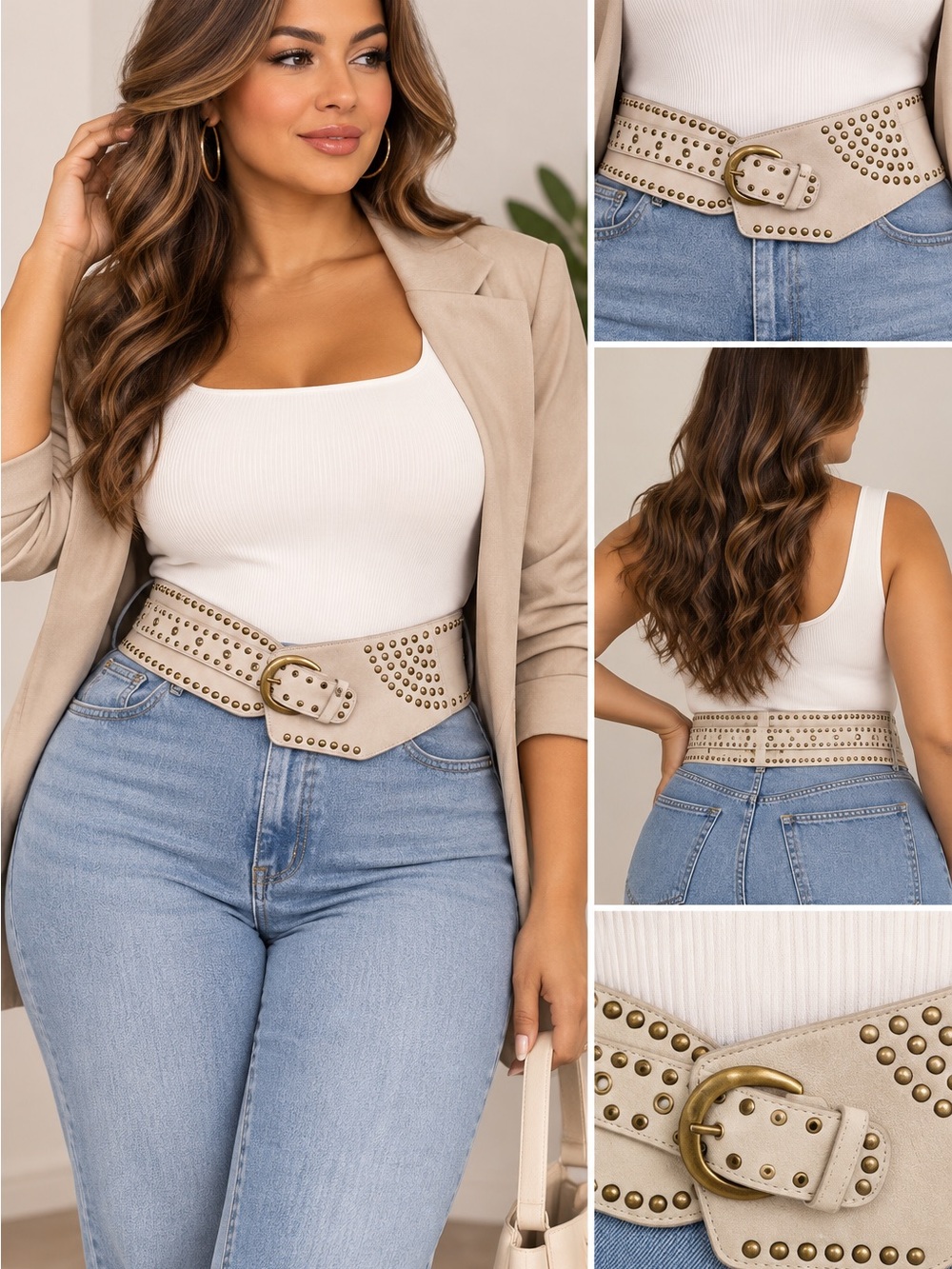 Studded Beige Wide Waist Belt with Antique Gold Buckle